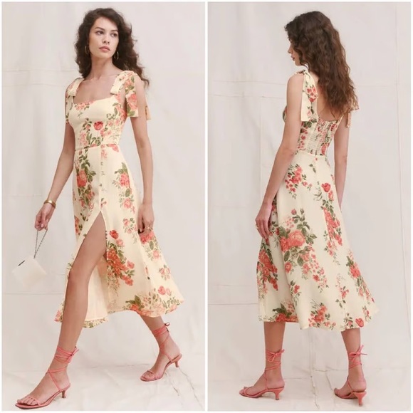 Reformation Floral Midi Dress in Cream and Red - Picture 1 of 7